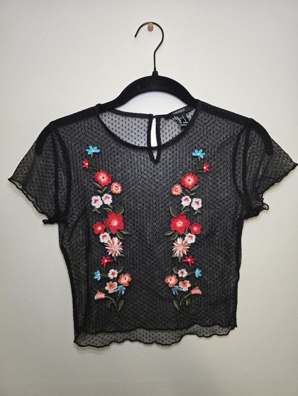 Forever 21 Black Sheer Mesh Floral Embroidered Crop Top
